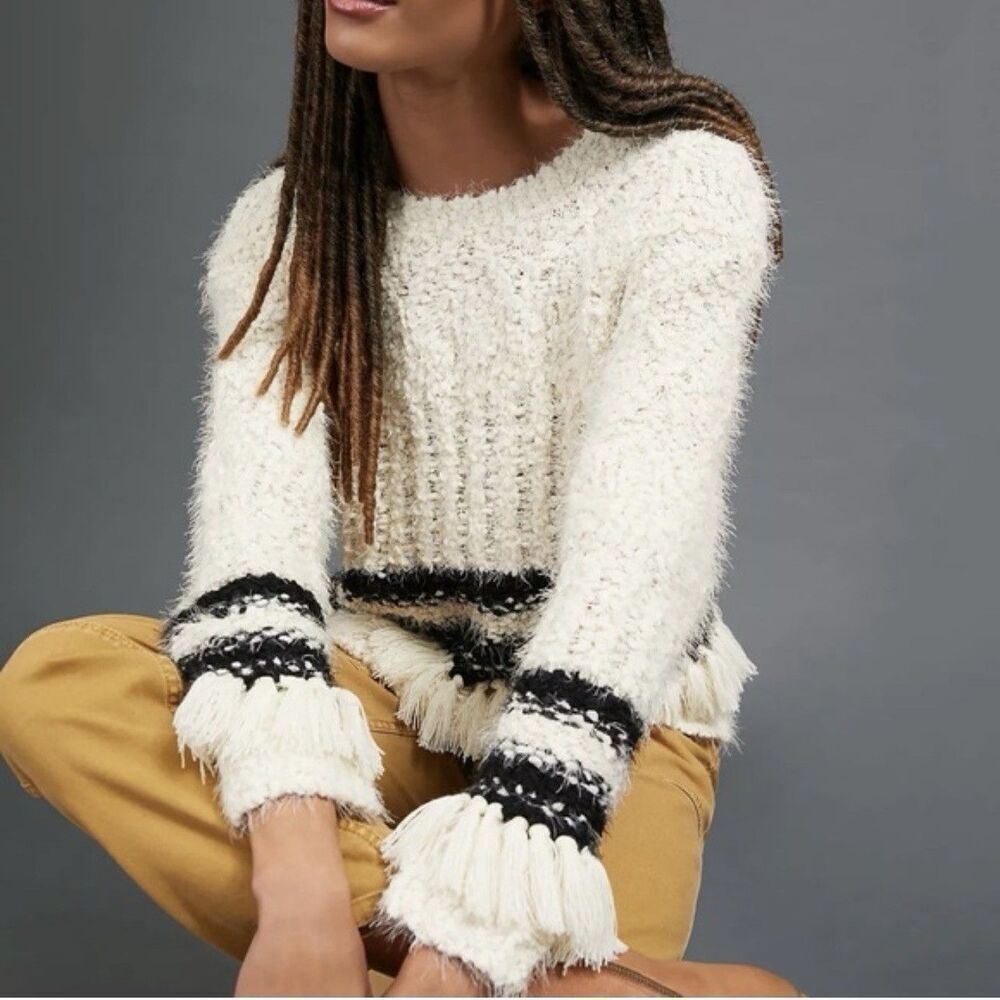 Anthropologie Amadi Cora Fringed Eyelash Sweater Women’s Size XS Ivory Black